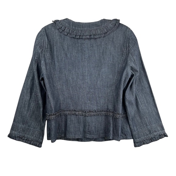 Ann Taylor LOFT Denim Jacket Ruffle Collar Trim Size 8 Button Up - Picture 2 of 4